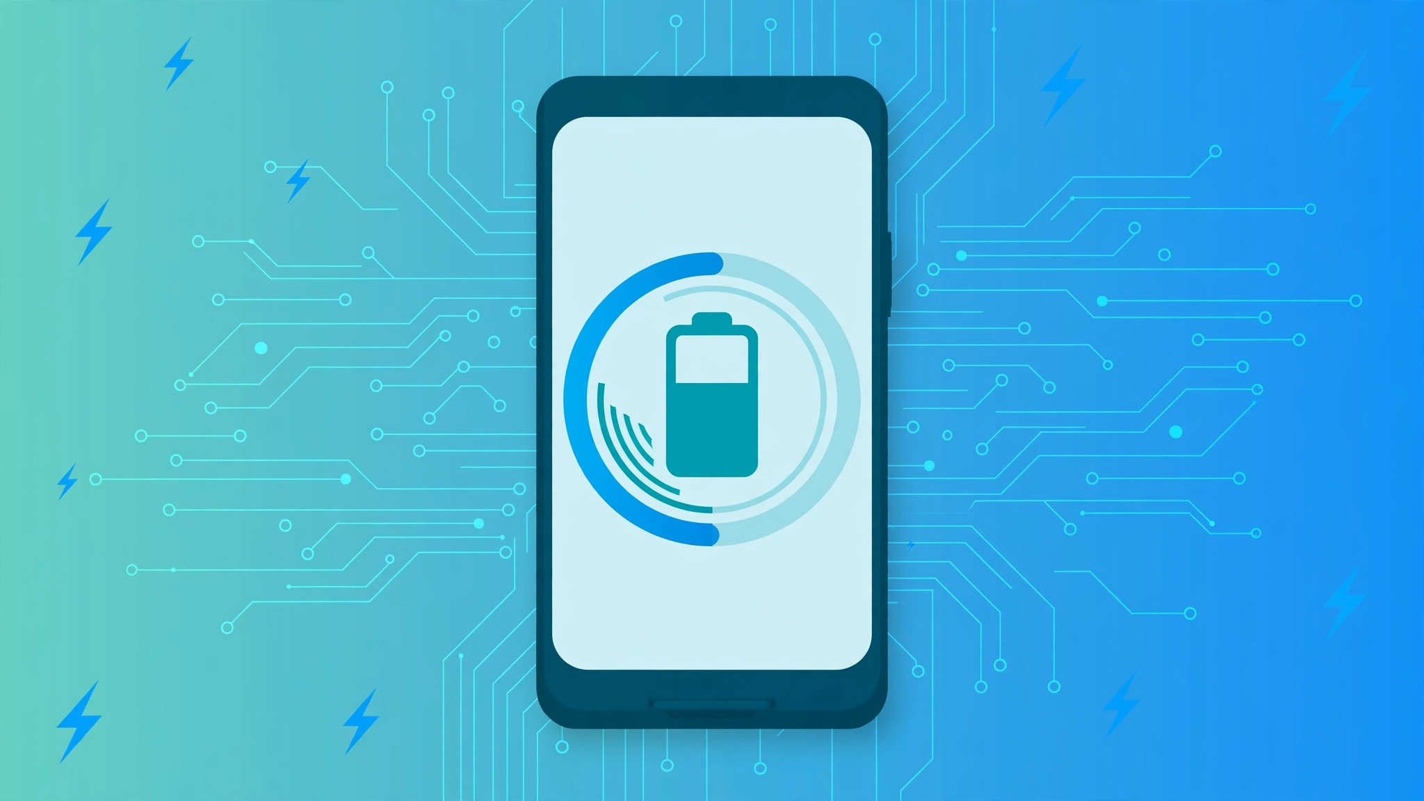 Illustration of an Android smartphone displaying a battery health gauge and capacity ring on a circuit-board background