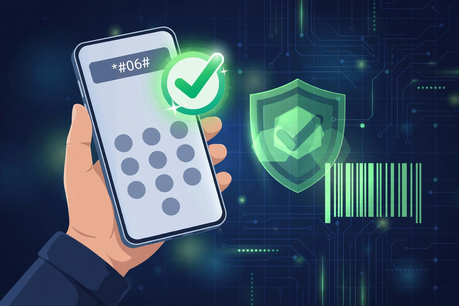 Hand holding an Android phone showing the IMEI check code on the dialer with a green approval badge