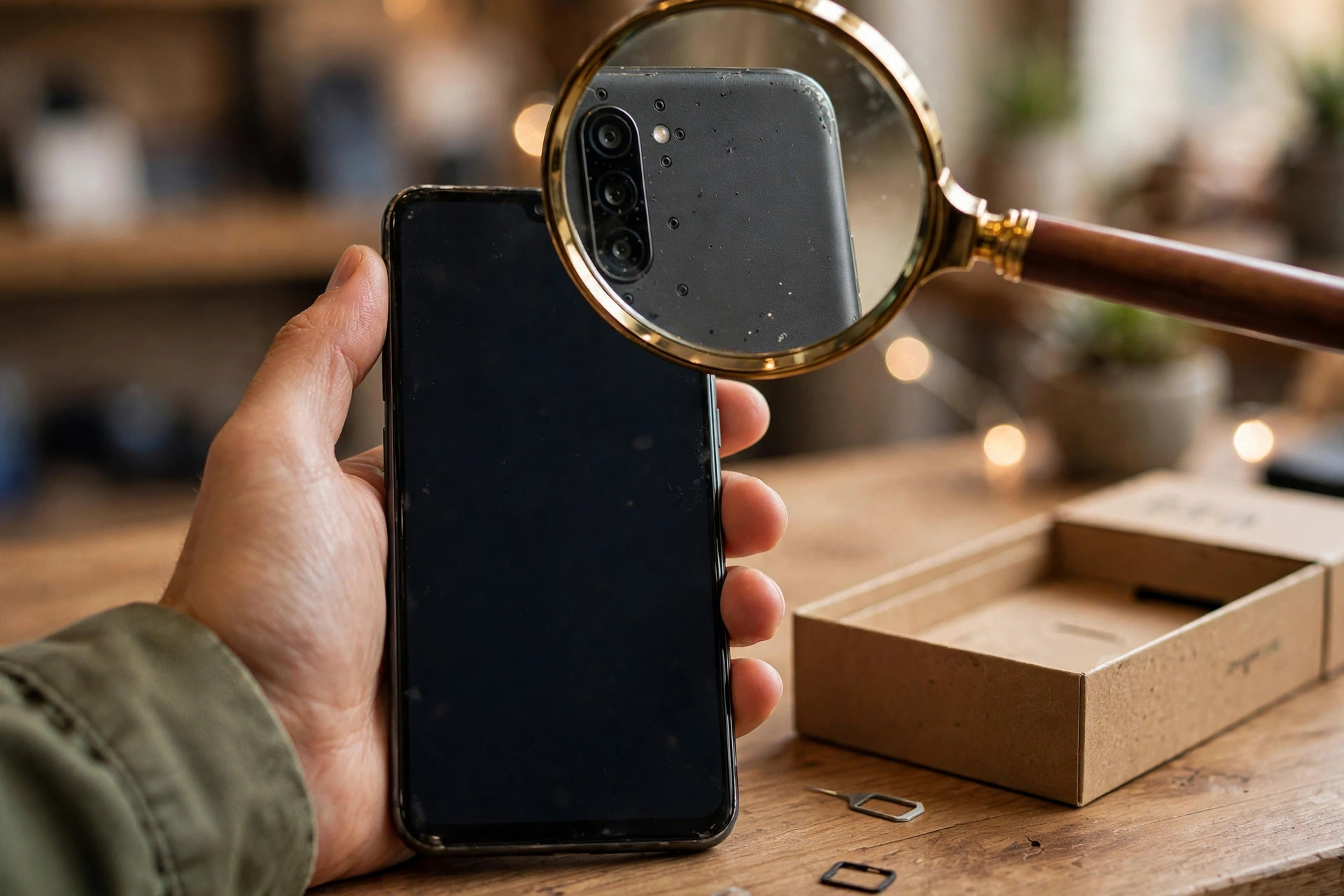 Buyer inspecting a used Android smartphone with a magnifying glass, checking authenticity before purchase