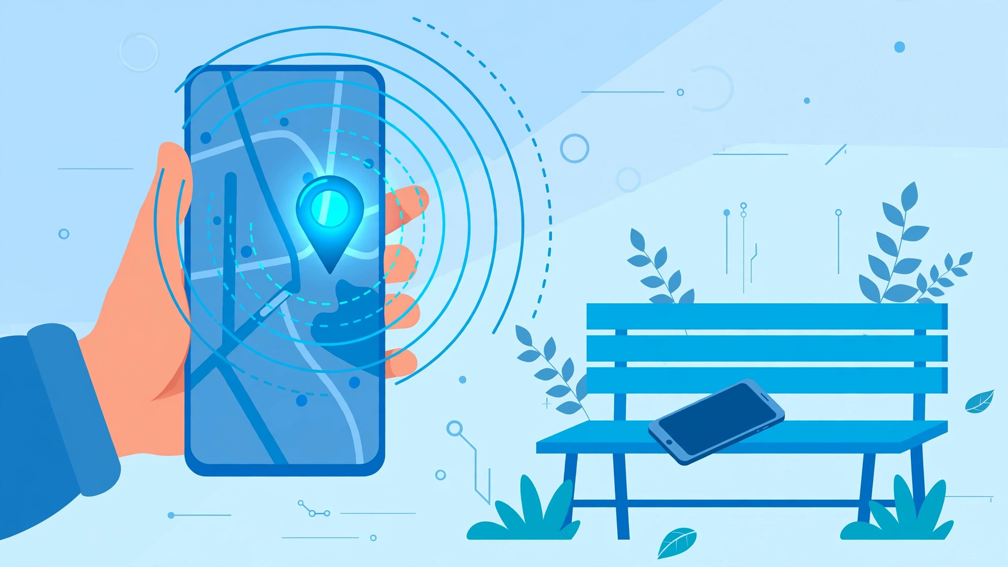 Hand holding a smartphone with a map showing a glowing location pin and radar waves, with a lost phone on a nearby park bench