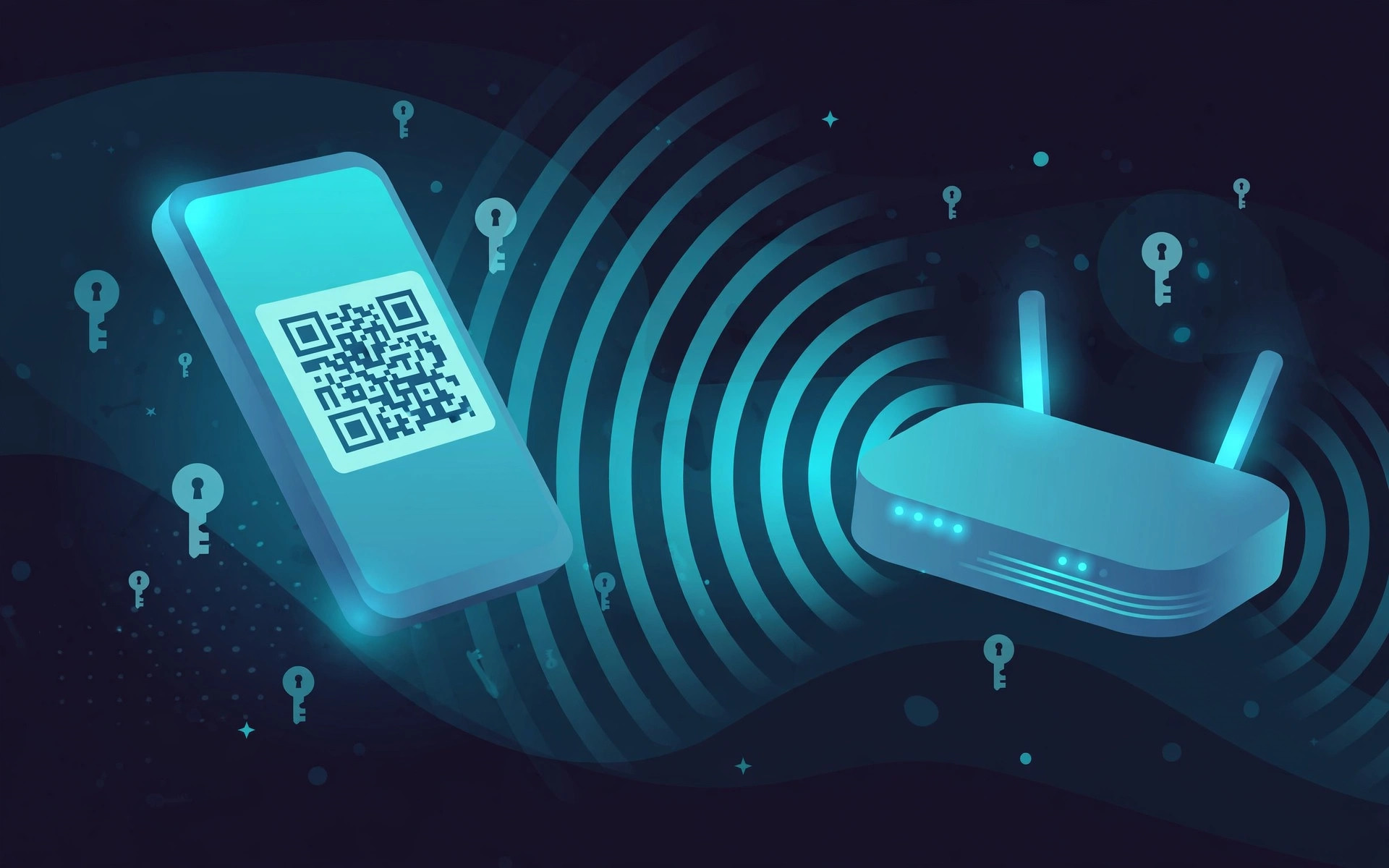 Illustration of a smartphone showing a Wi-Fi QR code beside a home router with signal waves