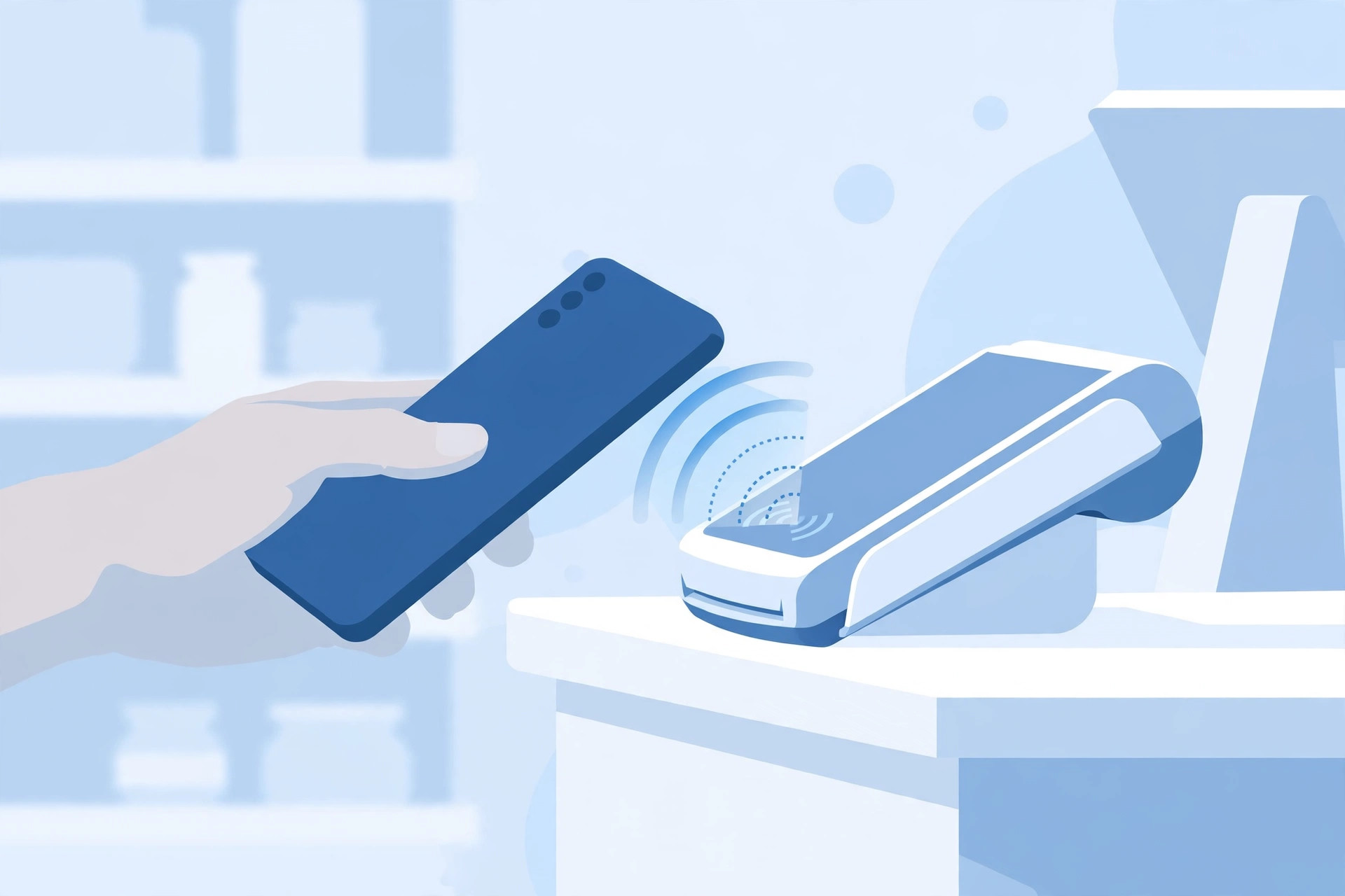 Android phone held near a payment terminal making a contactless tap-to-pay payment with Google Wallet