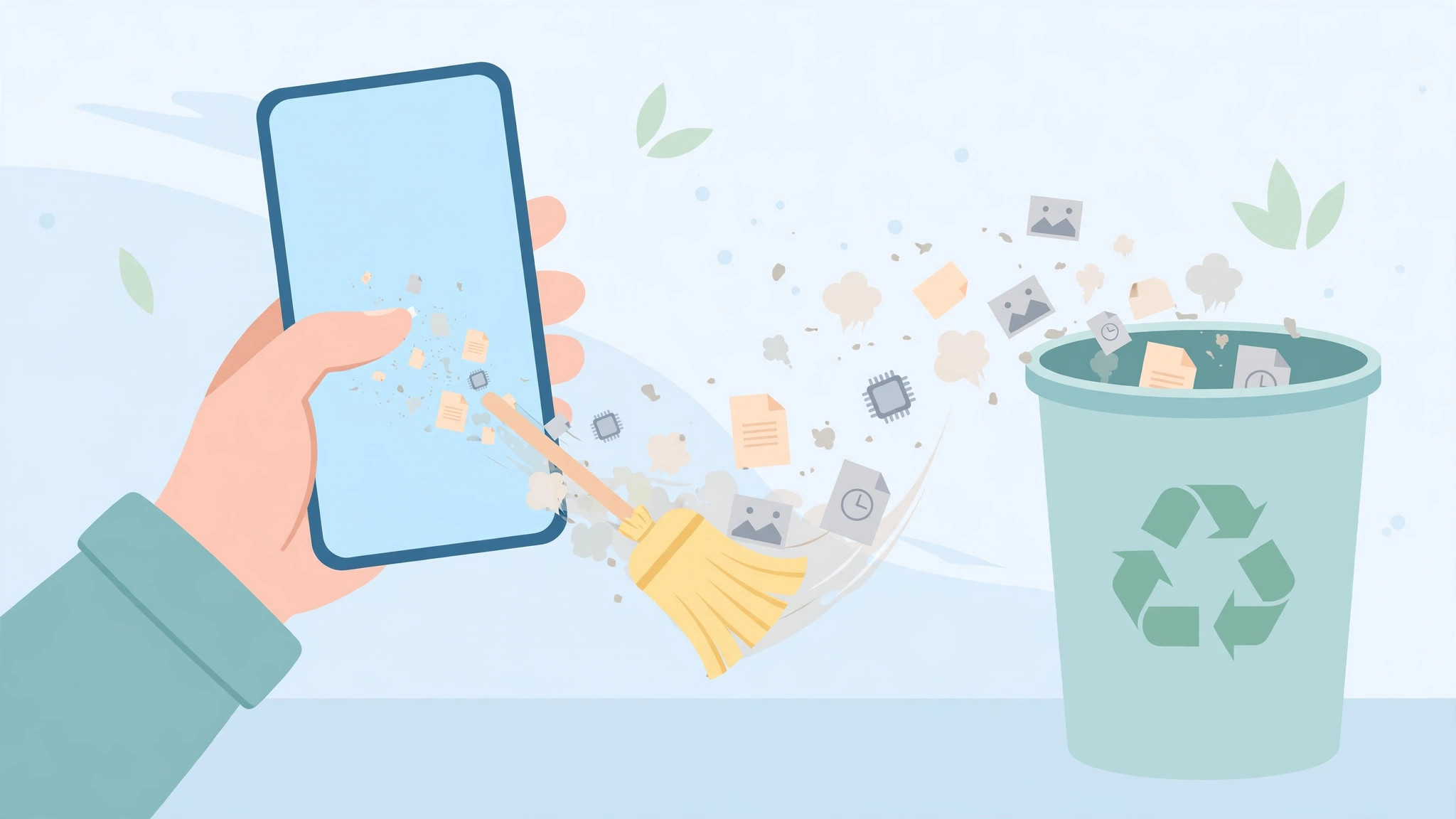 Illustration of a hand sweeping cache clutter off a smartphone into a bin