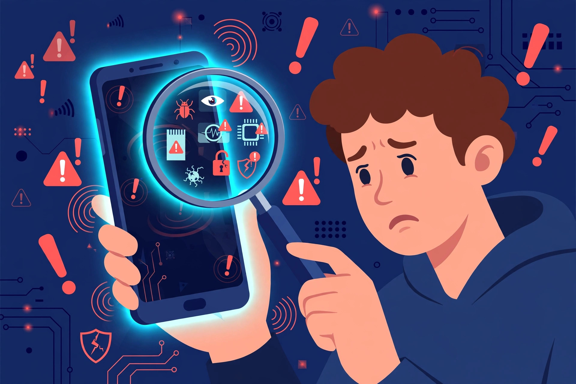 Illustration of a worried person examining an Android phone with a magnifying glass revealing spyware warning icons on the screen