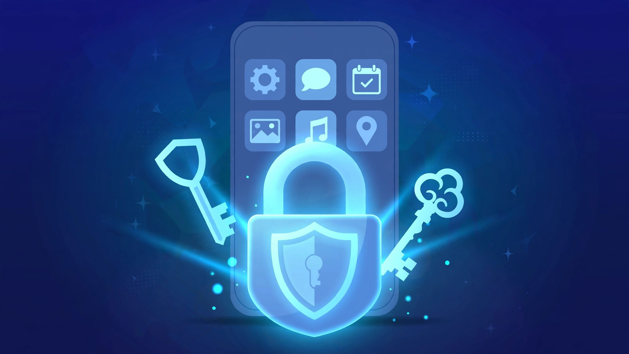 Illustration of app tiles on a phone protected behind a glowing padlock