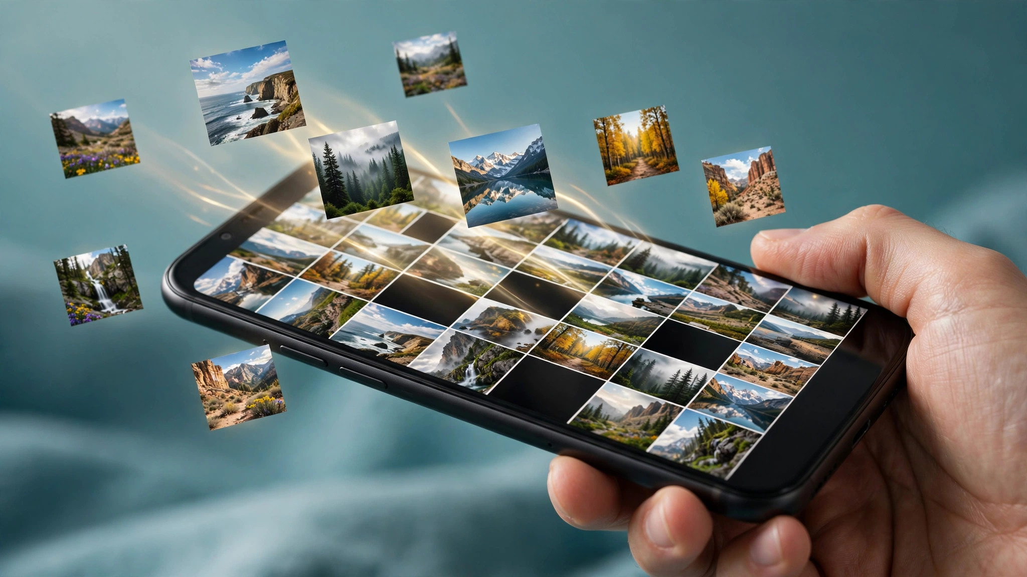 Hand holding a smartphone while deleted photo thumbnails float back into the photo gallery