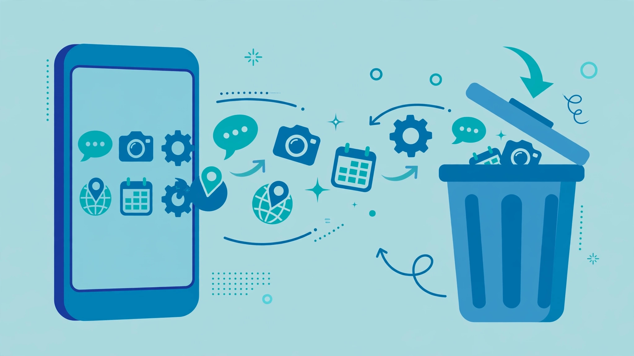 Illustration of a smartphone with unwanted app icons flying off into a trash bin