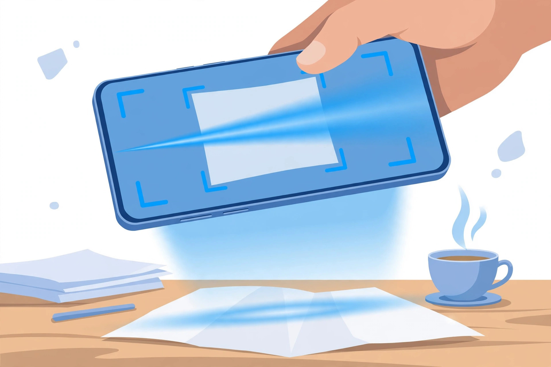 Illustration of an Android phone scanning a paper document into a digital PDF