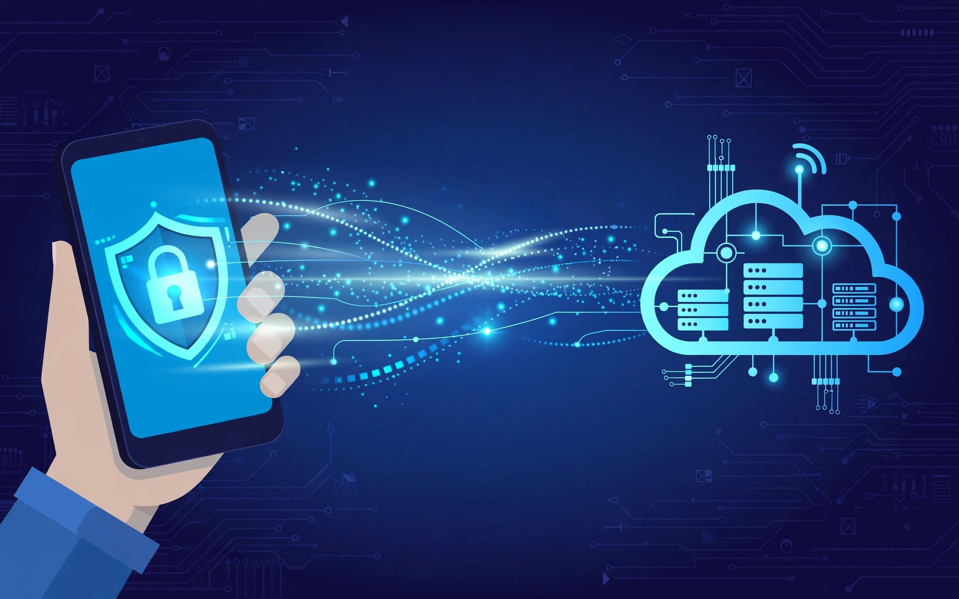 Illustration of a smartphone with a padlock shield on screen sending encrypted data streams to a cloud server