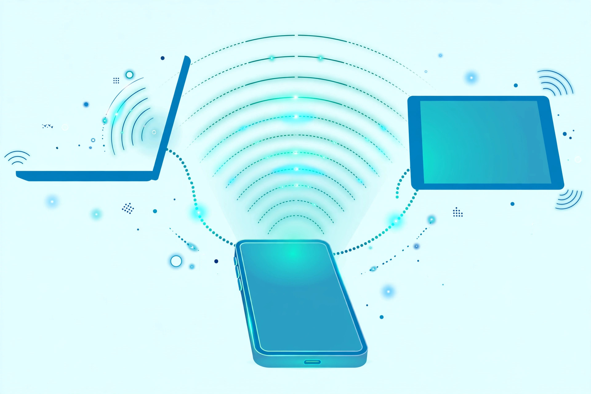 Smartphone broadcasting glowing Wi-Fi hotspot signals to a laptop and tablet